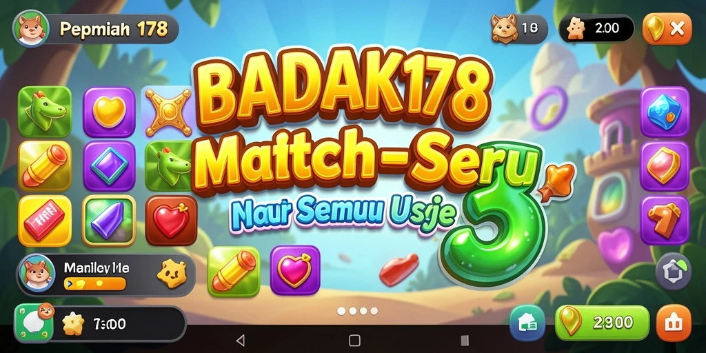 Screenshot menunjukkan gameplay Match-3 yang seru dan penuh warna.