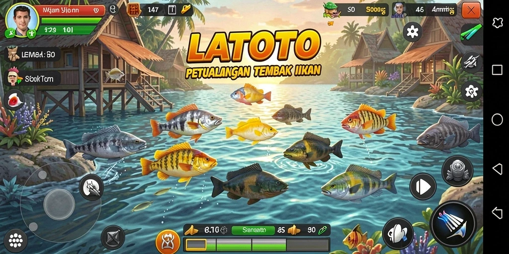 Tampilkan gameplay seru dari LATOTO menembak ikan berwarna-warni.